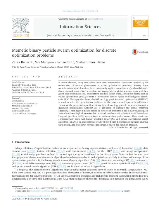 (PDF) Memetic binary particle swarm optimization for discrete ...