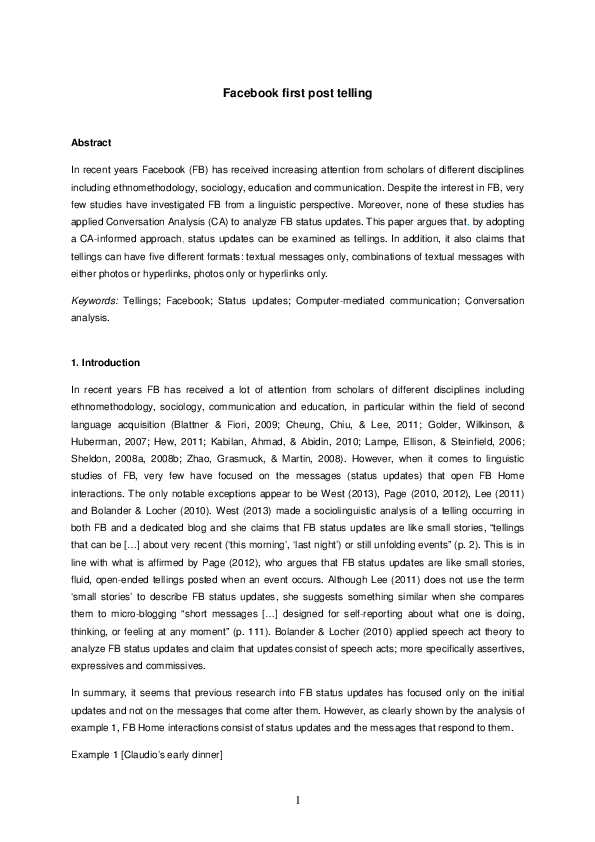 Pdf Facebook First Post Tellings Matteo Farina Phd Academia Edu