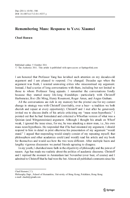 (PDF) Remembering Mass: Response to Yang Xiaomei