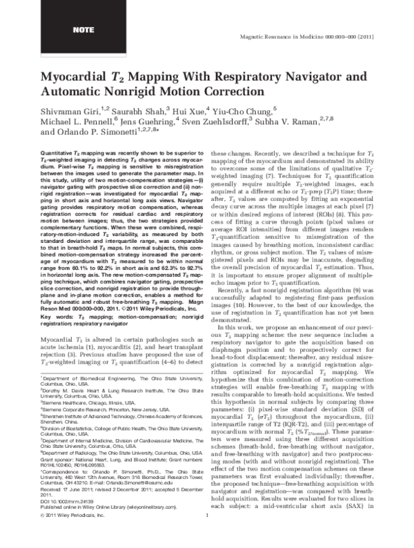 (PDF) Myocardial T 2 mapping with respiratory navigator and automatic ...