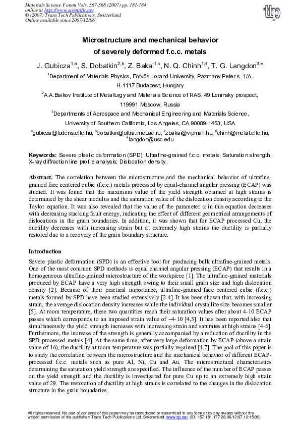 (PDF) Microstructure and Mechanical Behavior of Severely Deformed F.C.C ...
