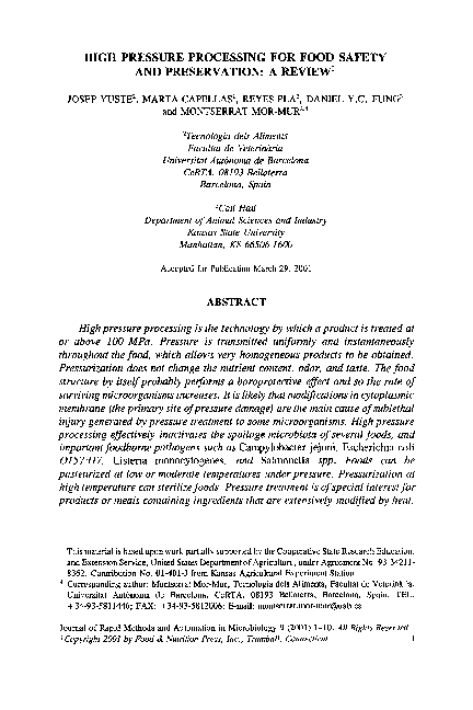 (PDF) HIGH PRESSURE PROCESSING FOR FOOD SAFETY AND PRESERVATION: A REVIEW