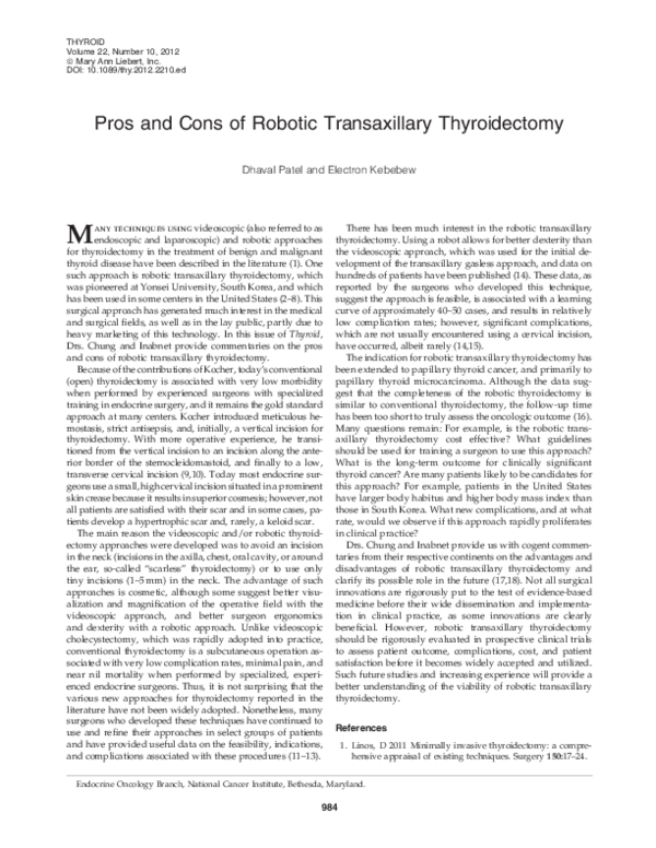 (PDF) Pros and Cons of Robotic Transaxillary Thyroidectomy