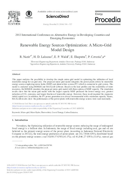(PDF) Renewable Energy Sources Optimization: A Micro-Grid Model Design