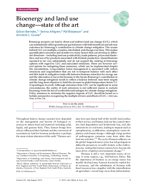 (PDF) Bioenergy and land use changestate of the art Cowie