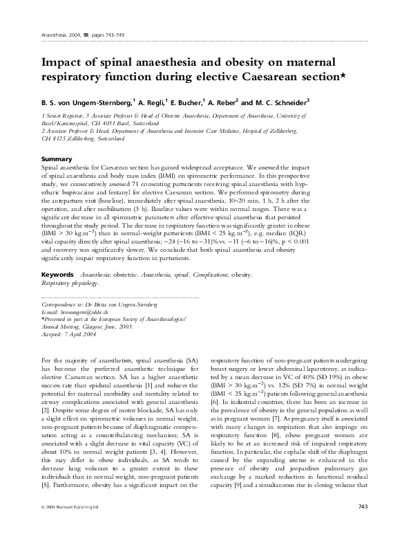 (PDF) Impact of spinal anaesthesia and obesity on maternal respiratory