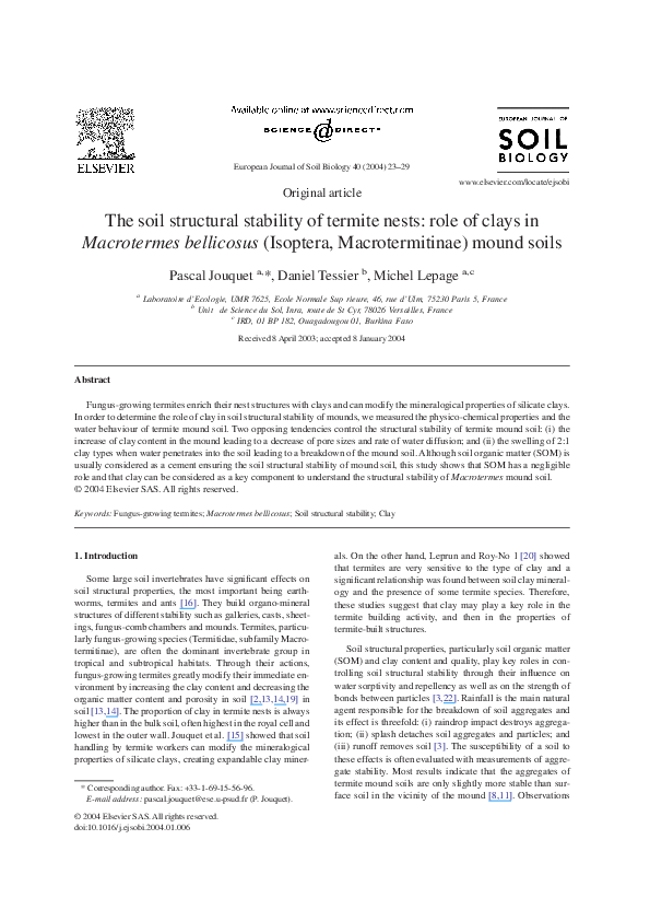 (PDF) The soil structural stability of termite nests role of clays in