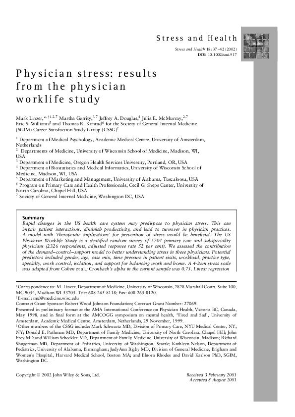 (PDF) Physician stress results from the physician worklife study