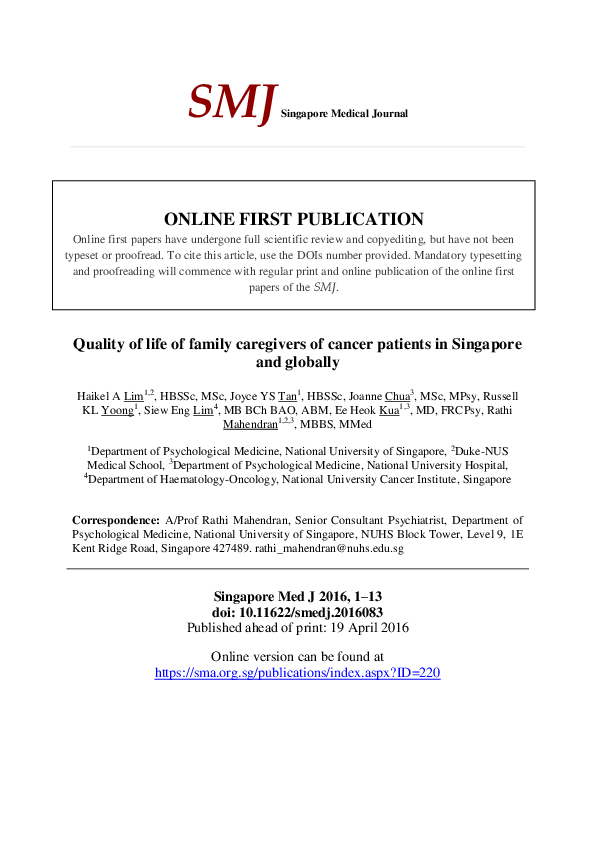 (PDF) Quality of life of family caregivers of cancer patients in ...