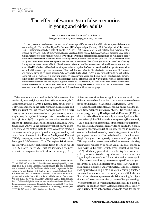 (PDF) The effect of warnings on false memories in young and older adults