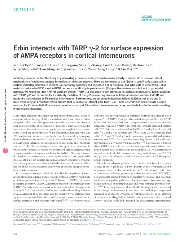 (PDF) Erbin interacts with TARP γ-2 for surface expression of AMPA ...