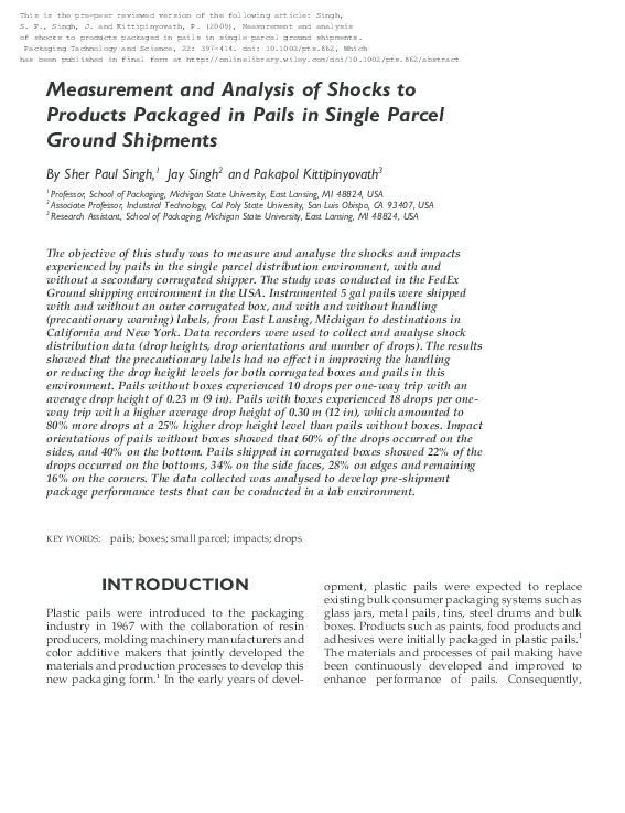 (PDF) Measurement and analysis of shocks to products packaged in pails ...