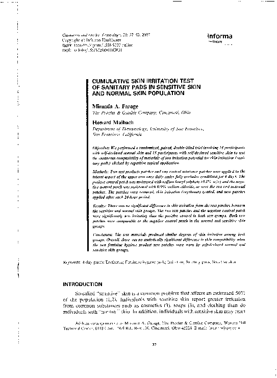 (PDF) Cumulative Skin Irritation Test of Sanitary Pads in Sensitive