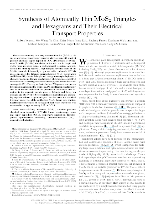 (PDF) Synthesis of Atomically Thin MoS2 Triangles and Hexagrams and ...