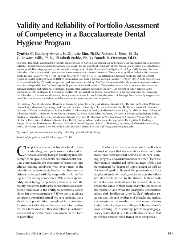 (PDF) Validity and reliability of portfolio assessment of competency in a baccalaureate dental