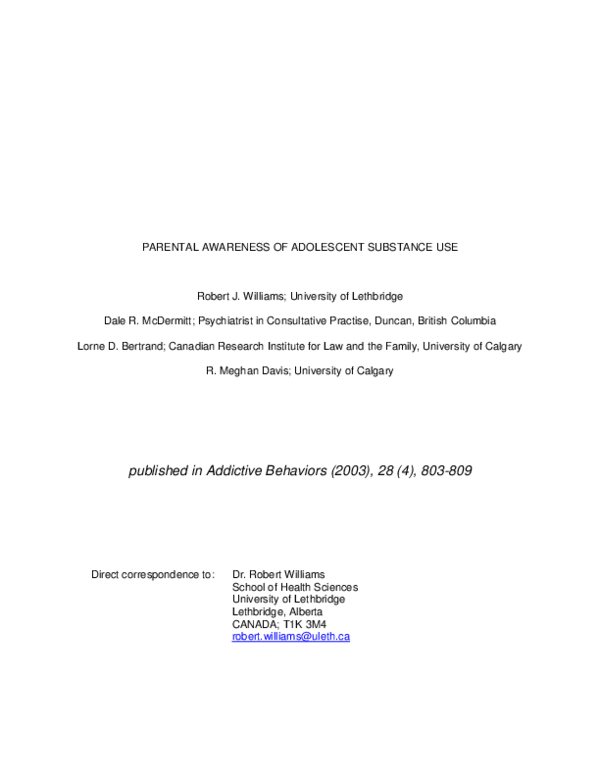 (PDF) Parental awareness of adolescent substance use