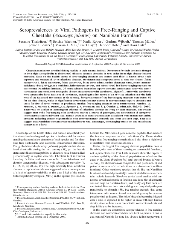 Seroprevalences to Viral Pathogens in Free-Ranging and Captive Cheetahs (Acinonyx jubatus) on Namibian Farmland