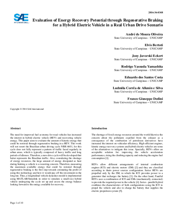(PDF) Evaluation of Energy Recovery Potential through Regenerative ...