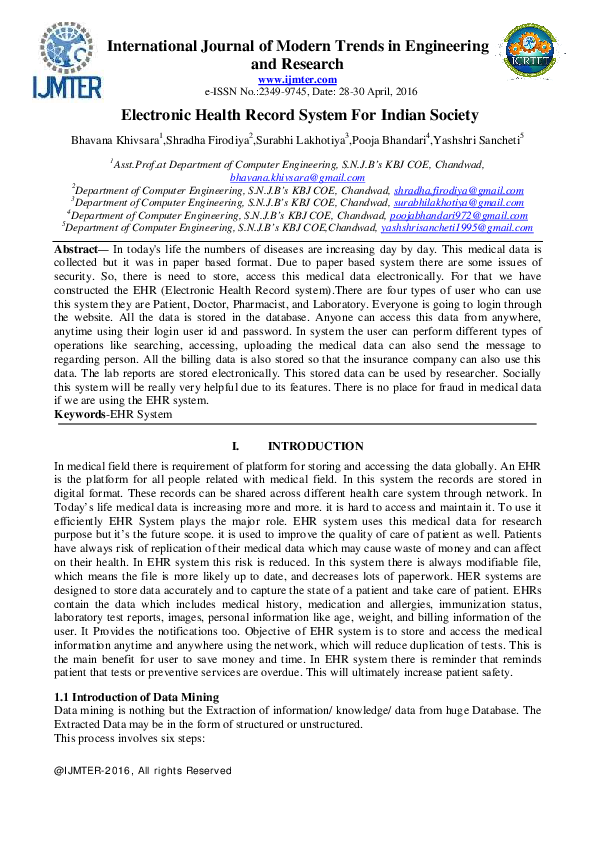 (PDF) Electronic Health Record System For Indian Society