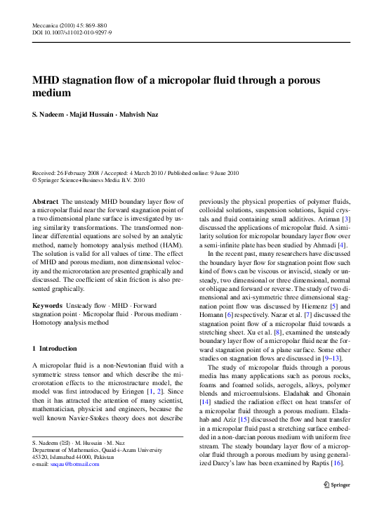(PDF) MHD stagnation flow of a micropolar fluid through a porous medium
