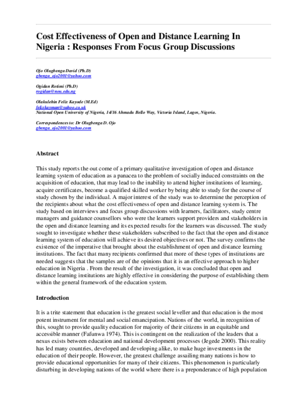 (PDF) Cost Effectiveness of Open and Distance Learning Systems in ...