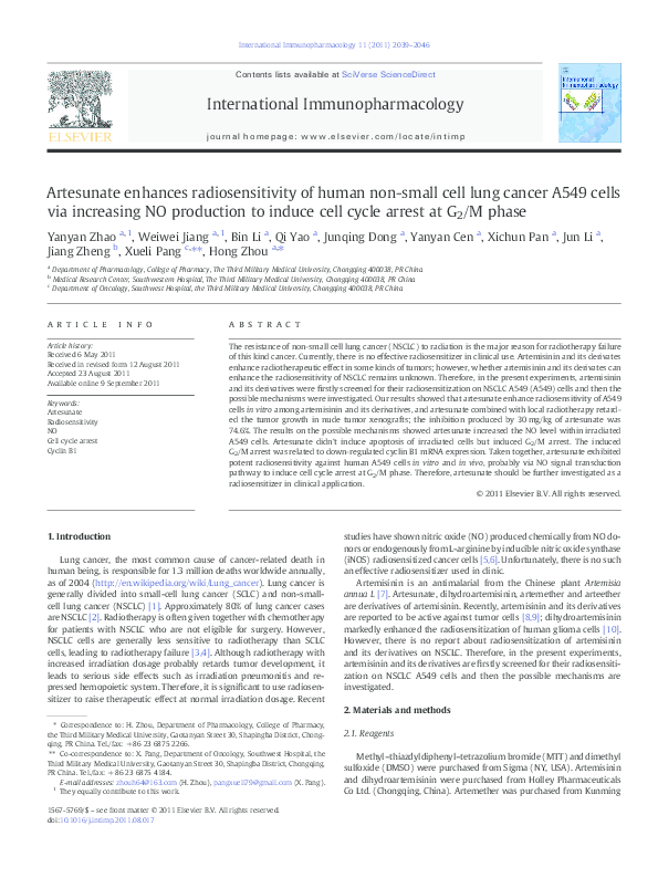 (PDF) Artesunate enhances radiosensitivity of human non-small cell lung ...