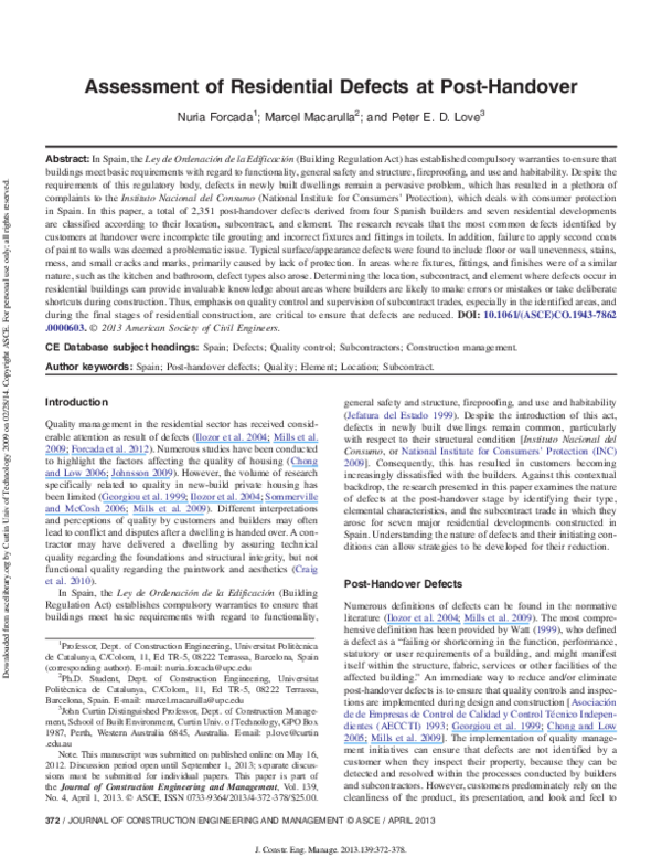 (PDF) Assessment of Residential Defects at Post-Handover