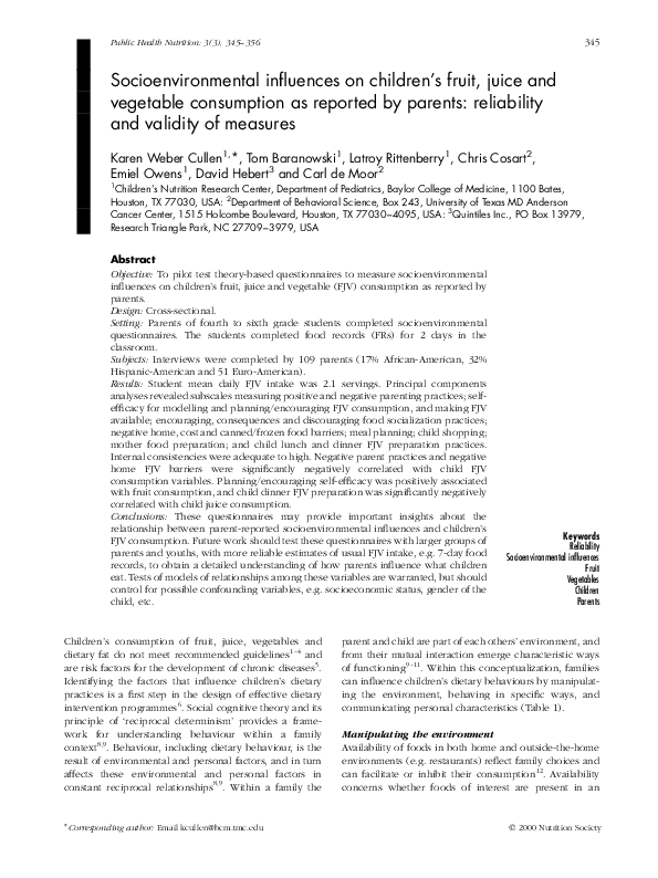 (PDF) Socioenvironmental influences on children's fruit, juice and