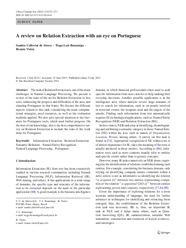 (PDF) A review on Relation Extraction with an eye on Portuguese