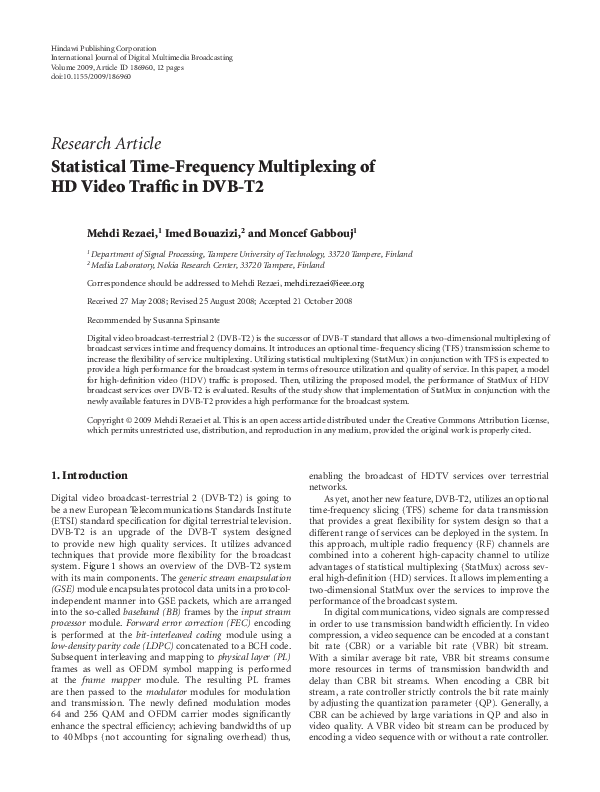 (PDF) Statistical time-frequency multiplexing of HD video traffic in DVB-T2