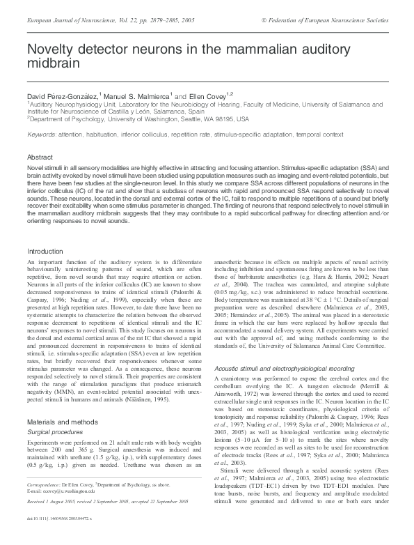 (PDF) Novelty detector neurons in the mammalian auditory midbrain