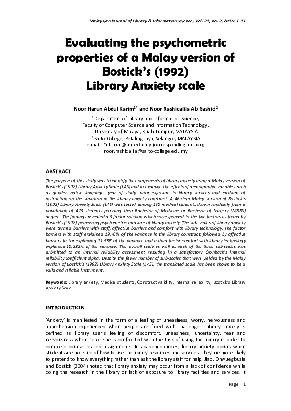 (PDF) Evaluating the psychometric properties of a Malay version of