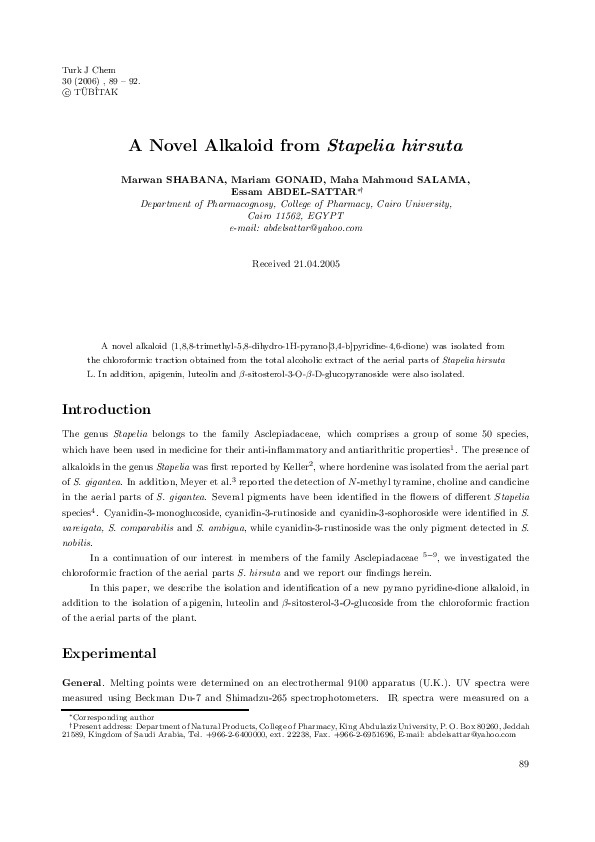 Pdf A Novel Alkaloid From Stapelia Hirsuta Maha Mahmoud Salama And Mariam H Gonaid Academia Edu