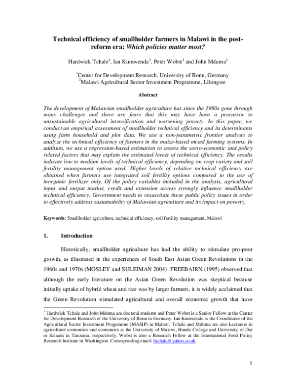 (PDF) Technical efficiency of smallholder farmers in Malawi in the post ...