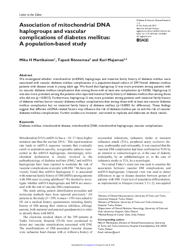 (PDF) Association of mitochondrial DNA haplogroups and vascular ...