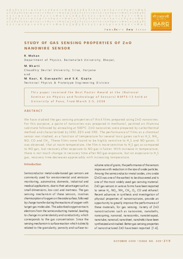 (PDF) STUDY OF GAS SENSING PROPERTIES OF ZnO NANOWIRE SENSOR