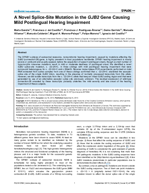 (PDF) A Novel Splice-Site Mutation in the GJB2 Gene Causing Mild ...