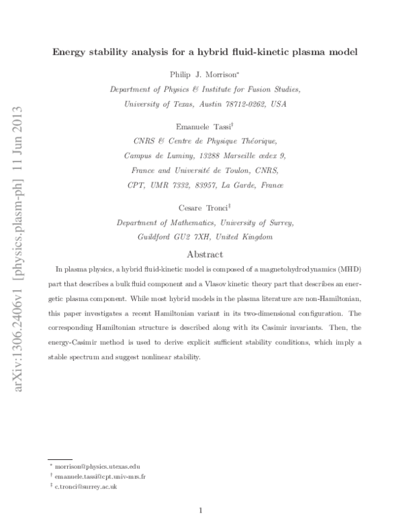 (PDF) Energy Stability Analysis for a Hybrid Fluid-Kinetic Plasma Model