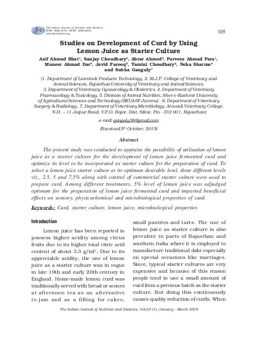 (PDF) Studies on Development of Curd by Using Lemon Juice as Starter