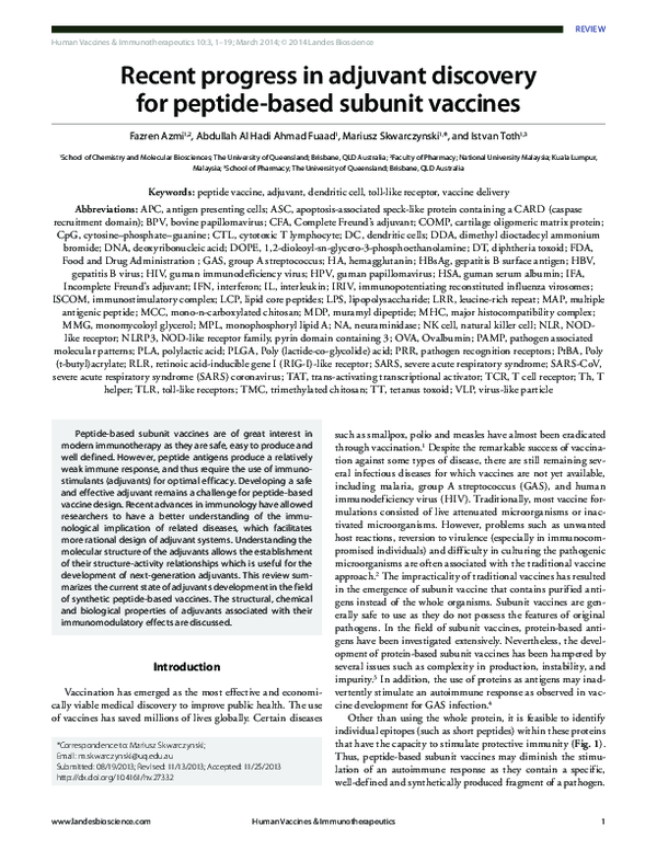(PDF) Recent progress in adjuvant discovery for peptide-based subunit ...