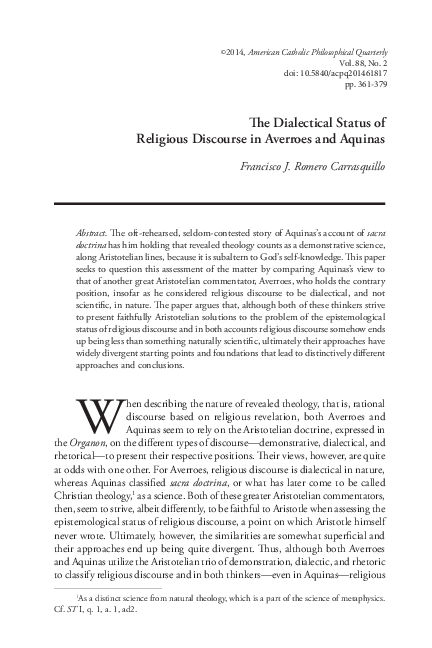 (PDF) The Dialectical Status of Religious Discourse in Averroes and ...