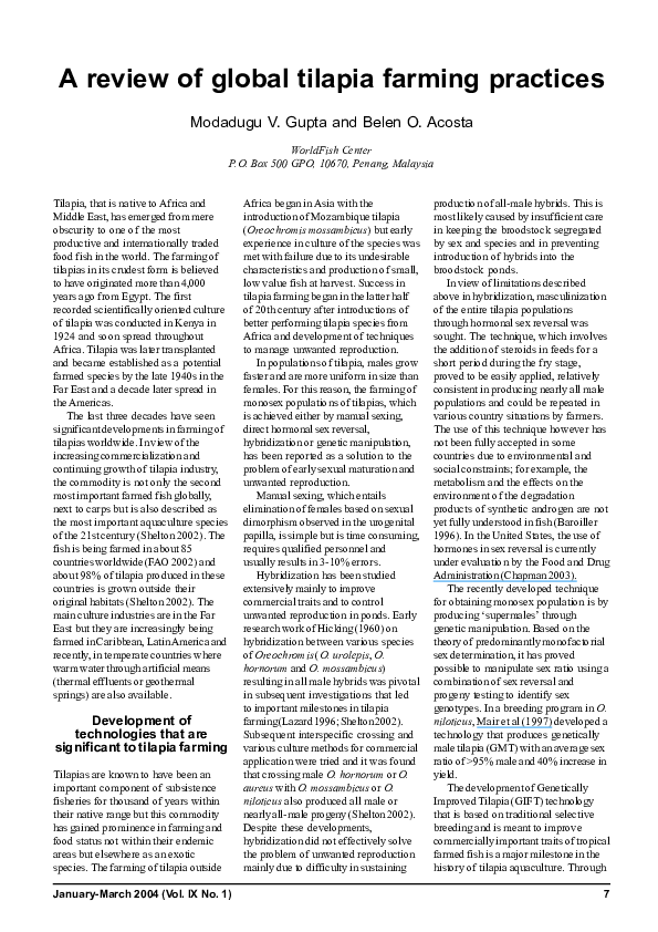 (PDF) TILAPIA FARMING A Manual for Commercial Tilapia Production in