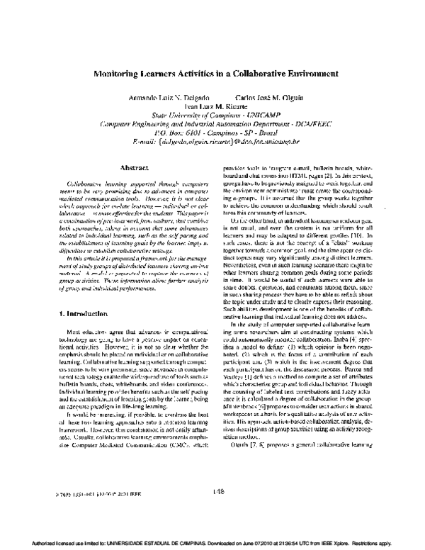 (PDF) Monitoring learners activities in a collaborative environment
