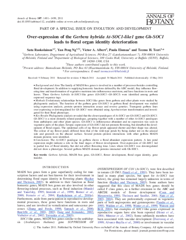 (PDF) Over-expression of the Gerbera hybrida At-SOC1-like1 gene Gh-SOC1 ... 