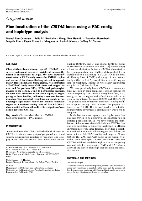 (PDF) Fine localization of the CMT4A locus using a PAC contig and ...