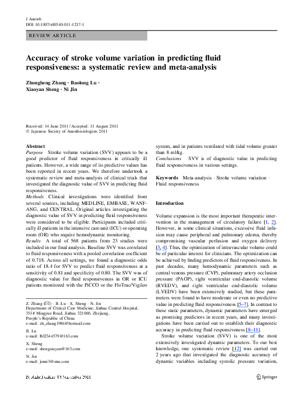  PDF Accuracy Of Stroke Volume Variation In Predicting Fluid