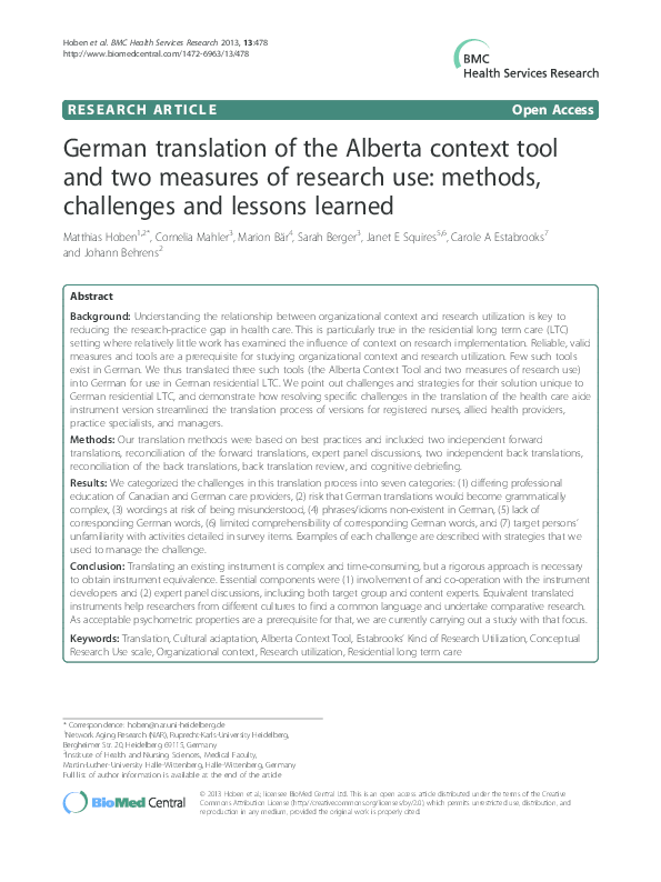 (PDF) German translation of the Alberta context tool and two measures