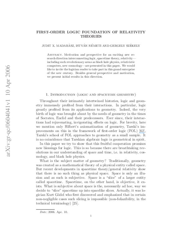 (PDF) First-Order Logic Foundation of Relativity Theories