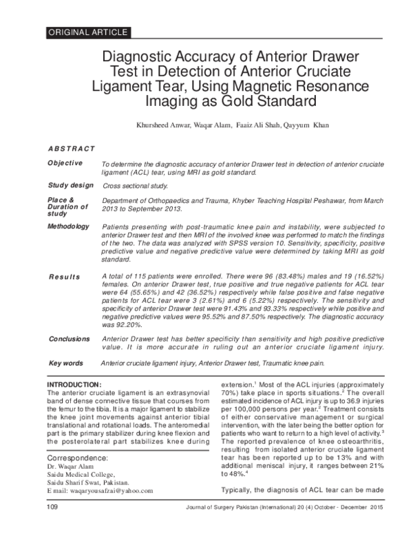 Pdf Diagnostic Accuracy Of Anterior Drawer Test In Detection Of