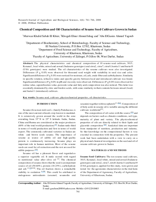 (PDF) Chemical Composition and Oil Characteristics of Sesame Seed